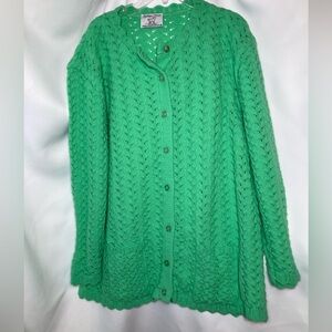 VTG 80s College Point Green Pointelle Cardigan Open Knit Sweater Grannycore 2X